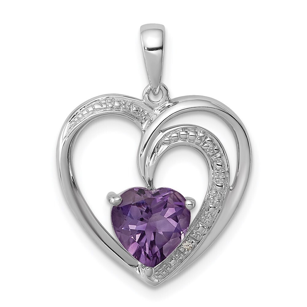 Kazi Luxury Sterling Silver Rhodium Plated Diamond and Amethyst Heart Pendant